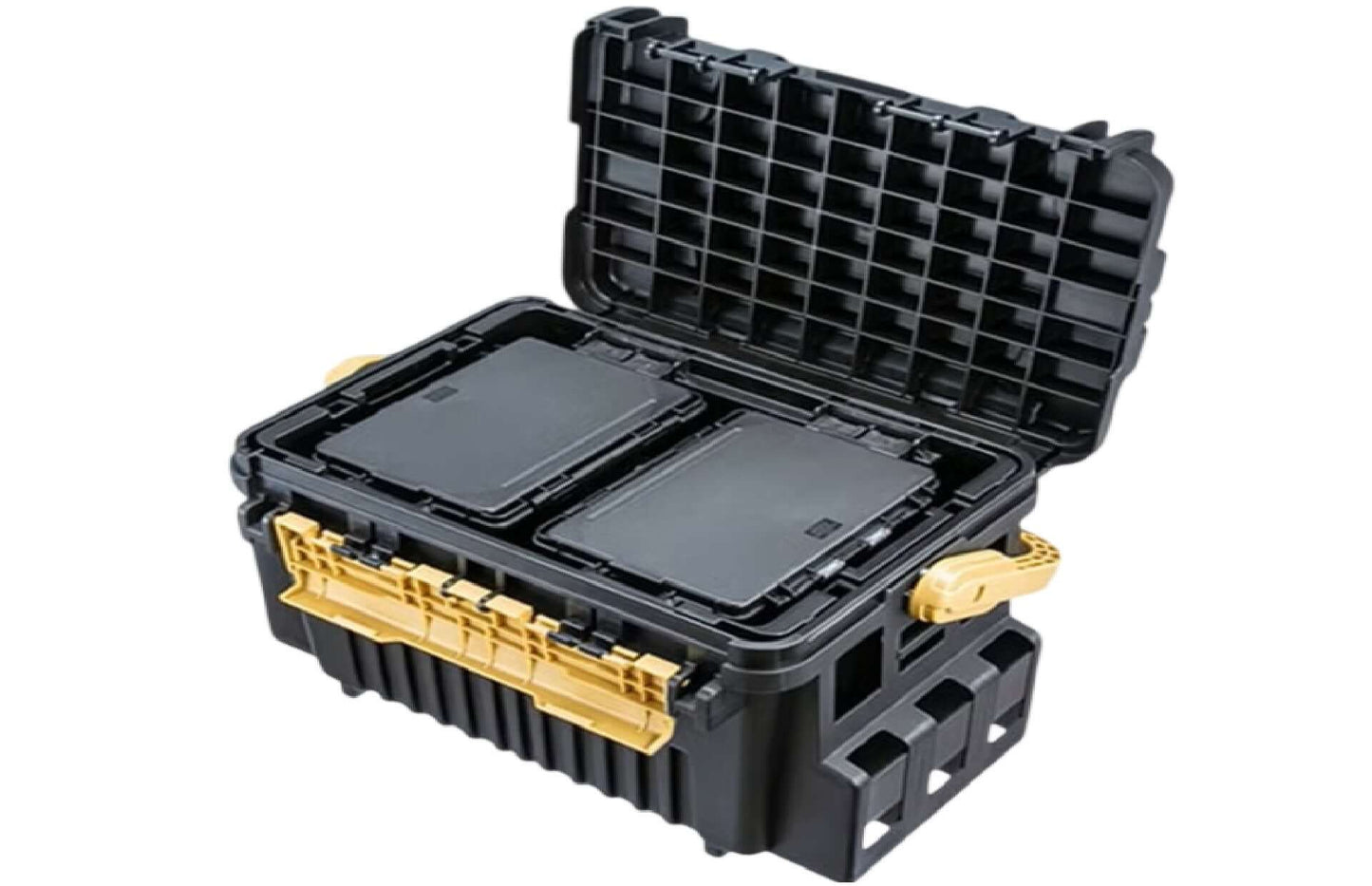 Meiho VS-7090A Angelkasten Tacklebox in Schwarz und Ocker mit mehreren Fächern für Angelzubehör