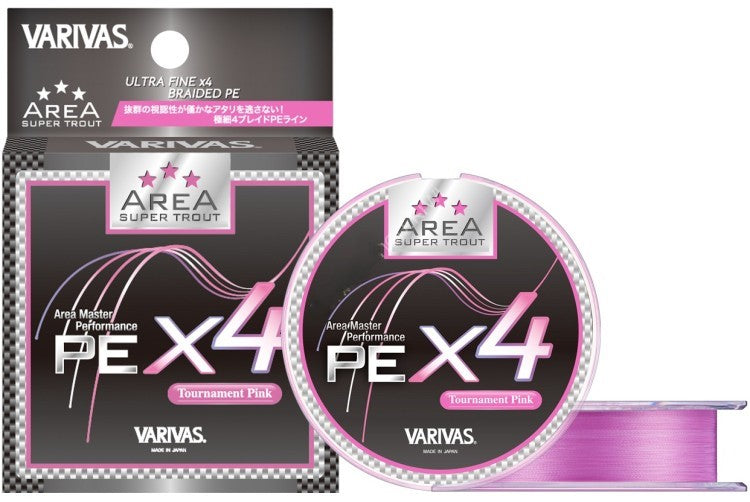VARIVAS Super Trout Area PE X4 Tournament Pink fishing line, 75M, displayed on a spool with vibrant pink color.
