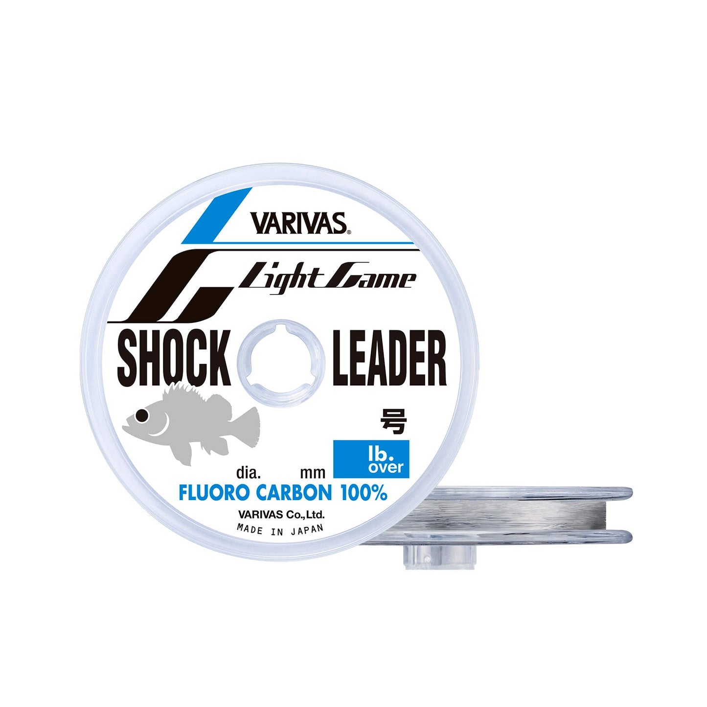 VARIVAS Light Game Shock Leader Fluoro fishing line on a spool, showcasing its clear design and durable material.
