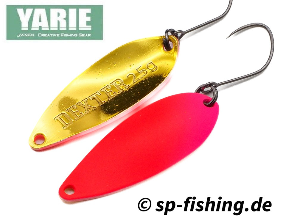 Yarie Spoon DEXTER E76 displayed with a sleek design and sharp edges, ideal for fishing enthusiasts.