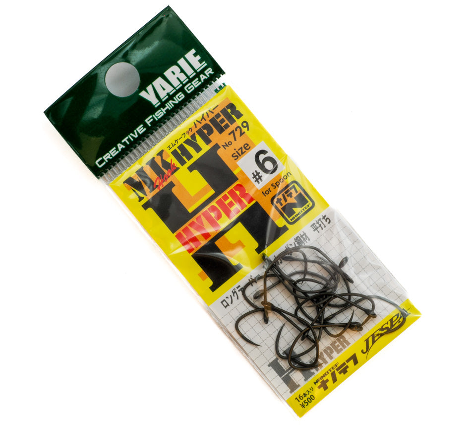 Yarie MK Hyper Hook Einzelhaken, langlebiger Angelhaken aus Metall, detailreiche Nahaufnahme auf weißem Hintergrund