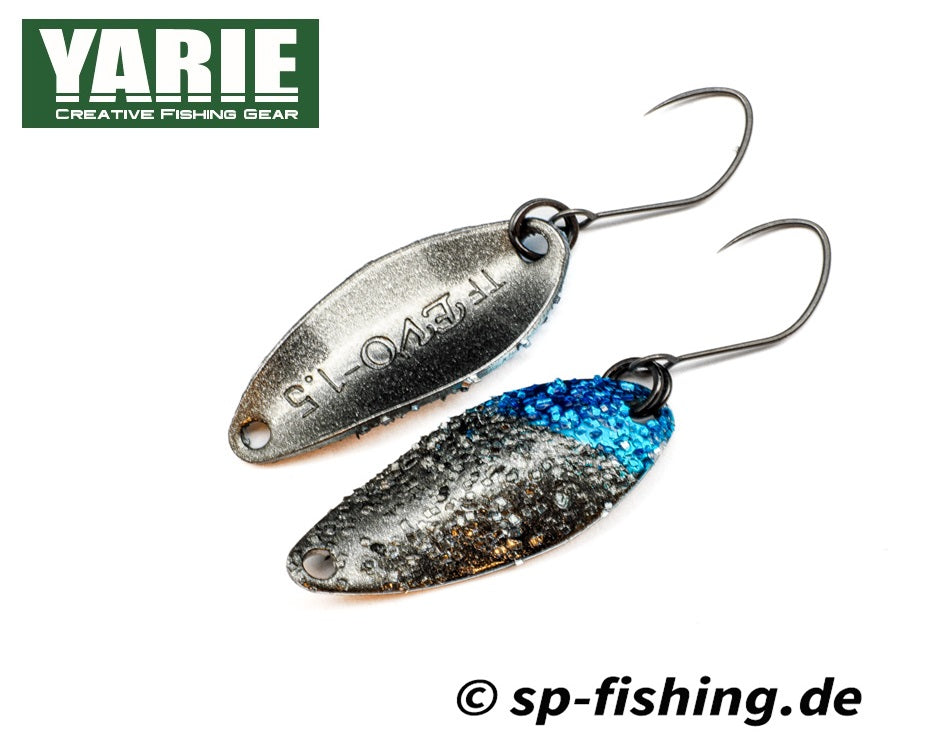 Yarie Spoon T-Fresh EVO K14, a sleek fishing spoon with a reflective finish and sharp hooks, displayed against a neutral background.