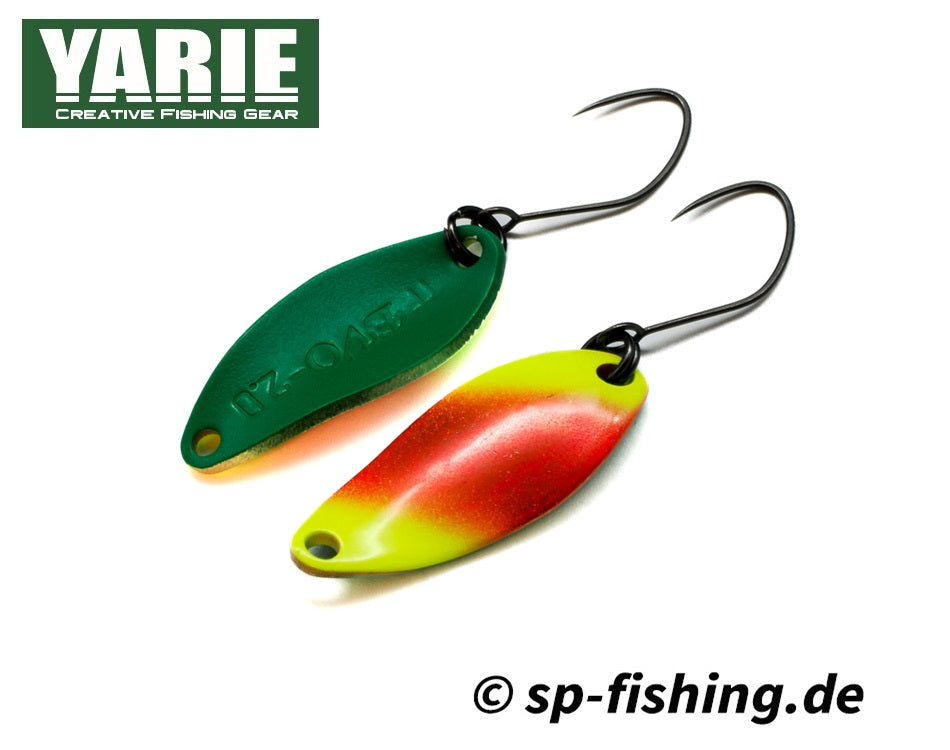 Yarie Spoon T-Fresh EVO WTF03 in vibrant colors, showcasing its curved design and sharp hooks for effective fishing.