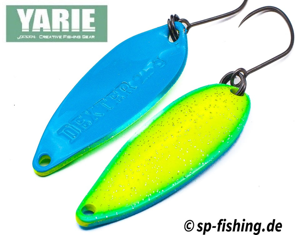 Yarie Spoon DEXTER V11 in silver finish, showcasing its curved design and sharp hook for effective fishing.