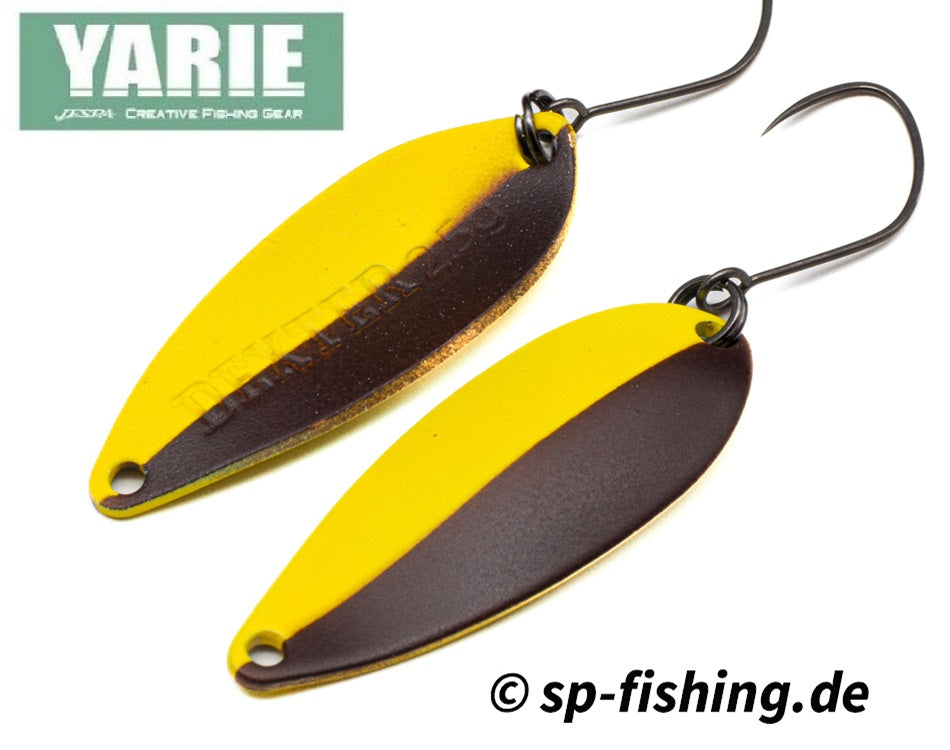 Yarie Spoon DEXTER E70, a sleek fishing spoon with a reflective finish, ideal for attracting fish in freshwater lakes.