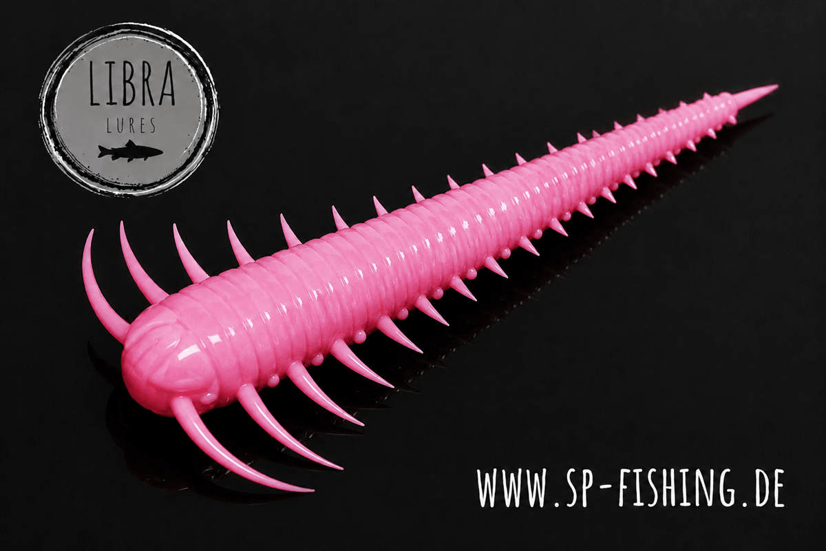 Libra Lures Slayzur 55mm Forellen Gummiköder, auftriebsfähig mit Aroma, detailreiche Nahaufnahme des Gummiköders