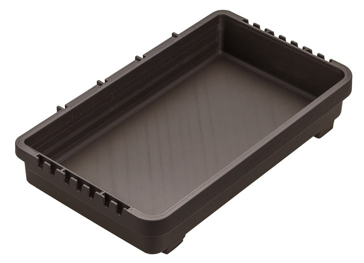 Meiho black tacklebox with multiple compartments, showcasing organization for fishing gear and accessories.