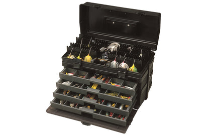 Schwarze Meiho VS-8010 Tacklebox mit mehreren Fächern und Griff, ideal für Angelsport und Zubehöraufbewahrung.