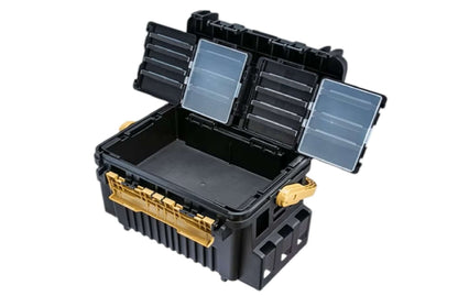 Meiho VS-7090A Angelkasten Tacklebox in Schwarz und Ocker, mit mehreren Fächern für Angelzubehör.