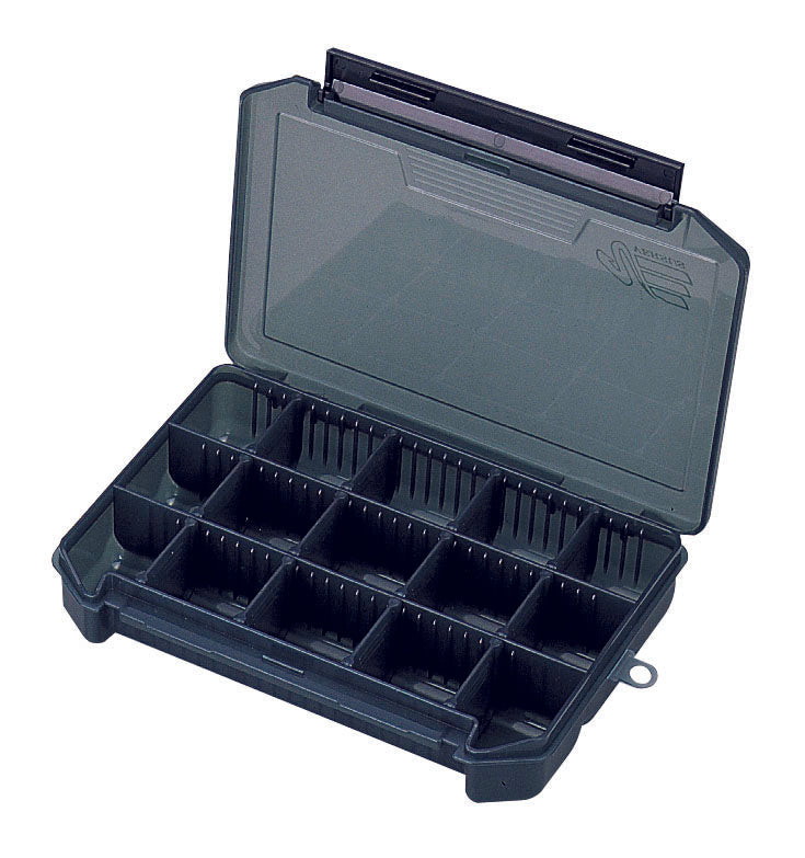 Meiho VS-3010 NS Tacklebox mit mehreren Fächern und transparentem Deckel für Angelzubehör und Köder.