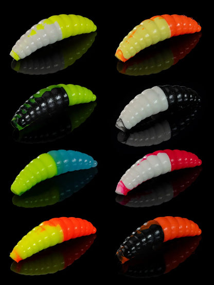 Soorex Pro Maggot 42mm gummiköder in vibrant colors, showcasing its realistic design for effective fishing.