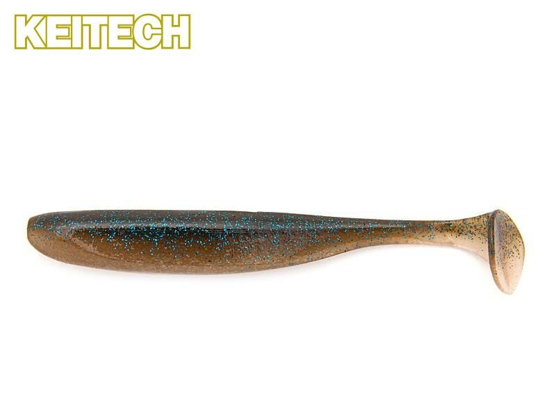 Bunter Keitech Easy Shiner Gummifisch in Blau und Zimt für Barsch und Zander, detailreiche Angelköderaufnahme