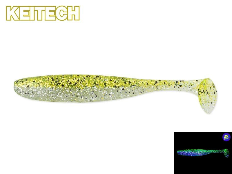 Bunter Keitech Easy Shiner Gummifisch in Chartreuse Ice Shad, ideal für Barsch und Zander, detailreiche Angelfisch-Attrappe