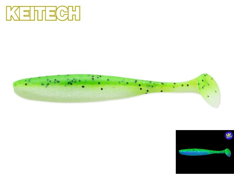 Buntes Keitech Easy Shiner Gummifisch in Chartreuse Pepper Shad für Barsch und Zander, detailreiche Nahaufnahme