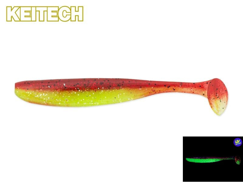 Gelber und silberner Keitech Easy Shiner Gummifisch für Barsch und Zander, detailreiche Angelfisch mit rotem Akzent