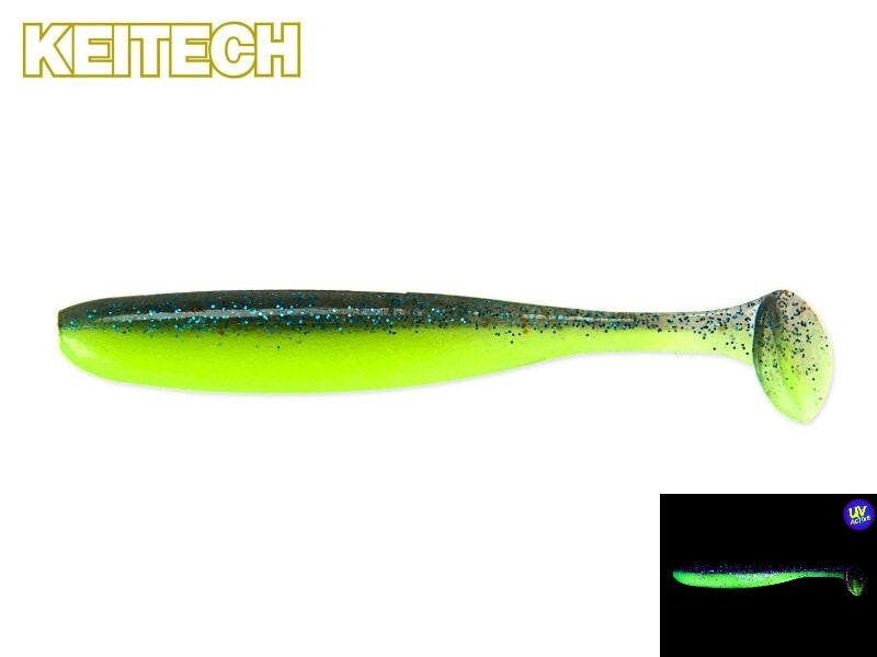 Gelber Keitech Easy Shiner Gummifisch für Barsch und Zander, detailreiche Textur und flexible Form, perfekt zum Angeln.