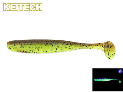 Keitech Easy Shiner Gummifisch in Green Pumpkin Chartreuse, ideal für Barsch und Zander, zeigt detailreiche Biss- und Farbgestaltung