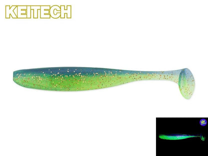 Barsch- und Zander-Gummifisch Keitech Easy Shiner in Lime Blue, detaillierte Nahaufnahme des köderförmigen Angelprodukts