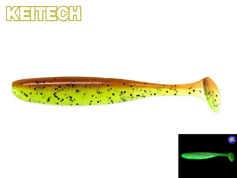 Keitech Easy Shiner Gummifisch in Motoroil Chartreuse, ideal für Barsch und Zander, zeigt den lebendigen Fischkörper mit Flossen.
