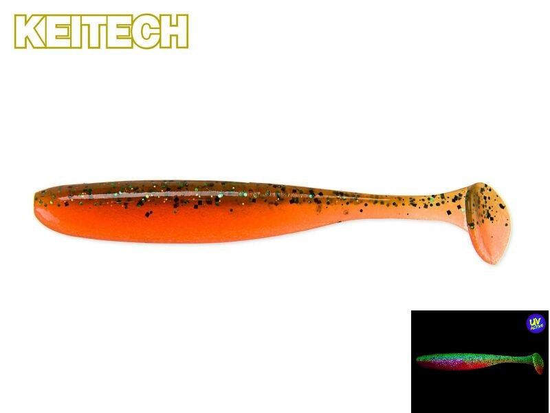 Keitech Easy Shiner Gummifisch in Motoroil Orange, ideal für Barsch und Zander, zeigt den softigen, lebensechten Fischkörper