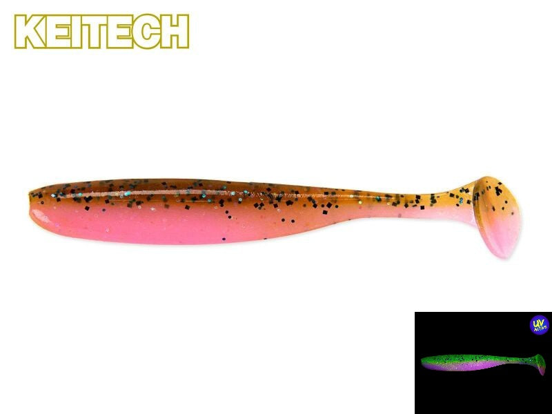 Bunter Keitech Easy Shiner Gummifisch in Motoroil Pink, ideal für Barsch und Zander, detailreiche Nahaufnahme