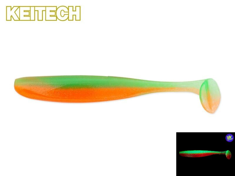 Gelber und orangefarbener KEITECH Easy Shiner Gummifisch für Barsch und Zander, UV-aktiv, detailreiche Angelfisch-Darstellung
