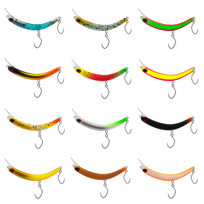 PROBAITS Tumbling Banana Wobbler crankbaits in a 12-piece set for fishing, showcasing vibrant colors and realistic designs.