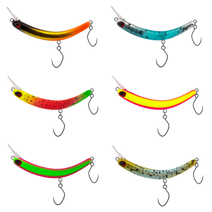 PROBAITS Tumbling Banana Wobbler crankbait set, showcasing six colorful fishing lures in various angles and designs.