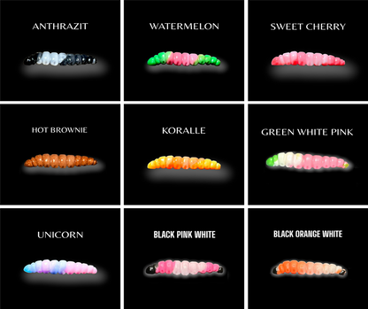 SE-BAITS MG Maggy Extreme Floating gummiköder in vibrant colors, showcasing its lifelike design and unique shape.