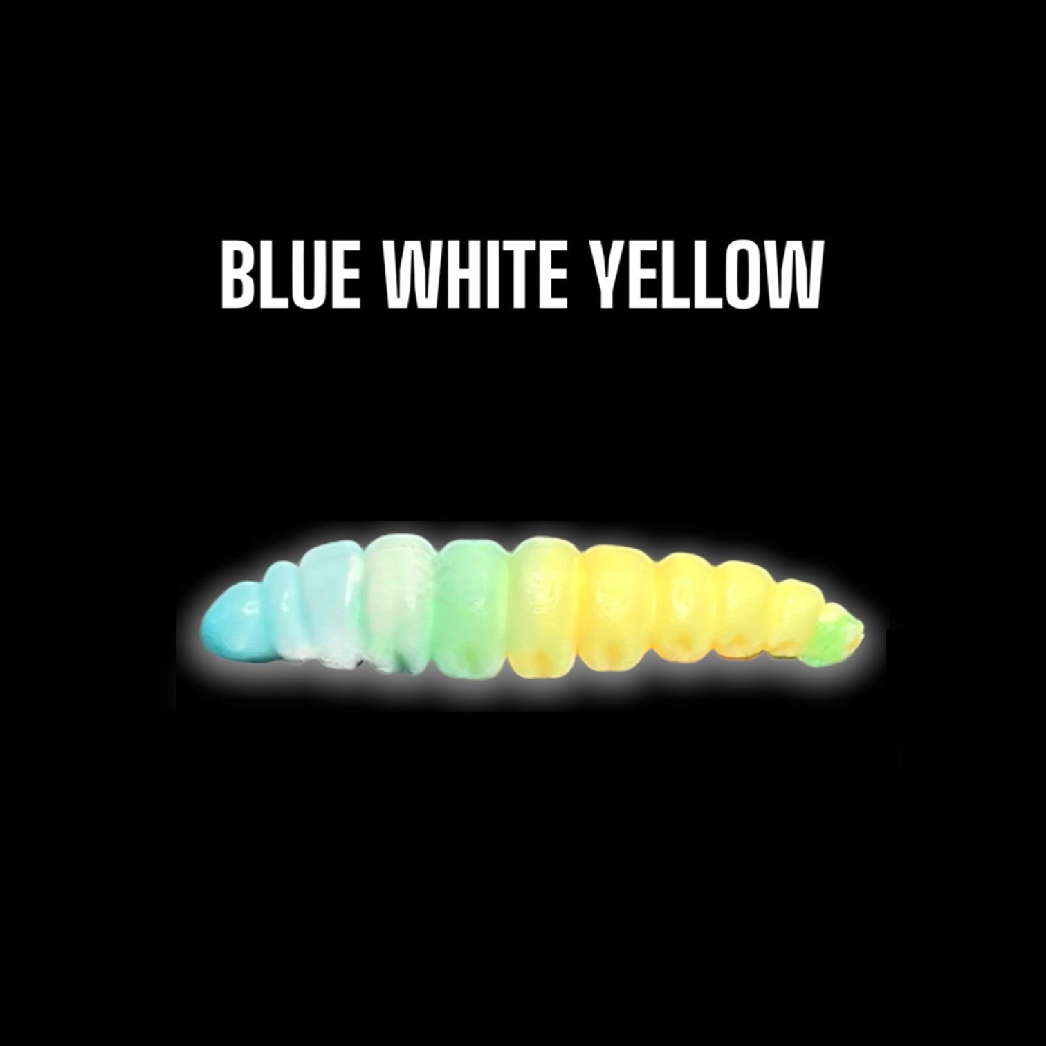 SE-BAITS MG Maggy Extreme Floating gummiköder in blue, white, and yellow colors, showcasing its lifelike design.