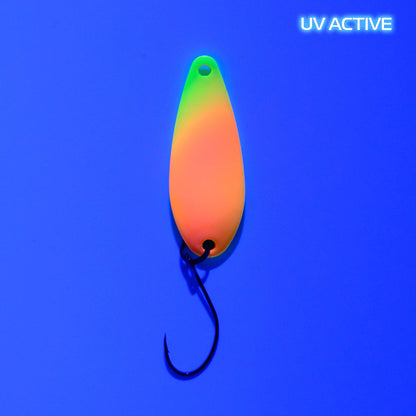Fangenswert CHEAT 2.0 Löffel, spoon mit UV-Design, frontansicht, langlebiges Werkzeug für Angler und Outdoor-Enthusiasten
