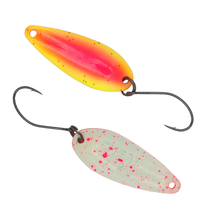 Fangenswert CHEAT 2.0 g EA03 Glow Löffel, leuchtendes Angelzubehör für Karpfenangeln, Detailaufnahme der Angelspoon.