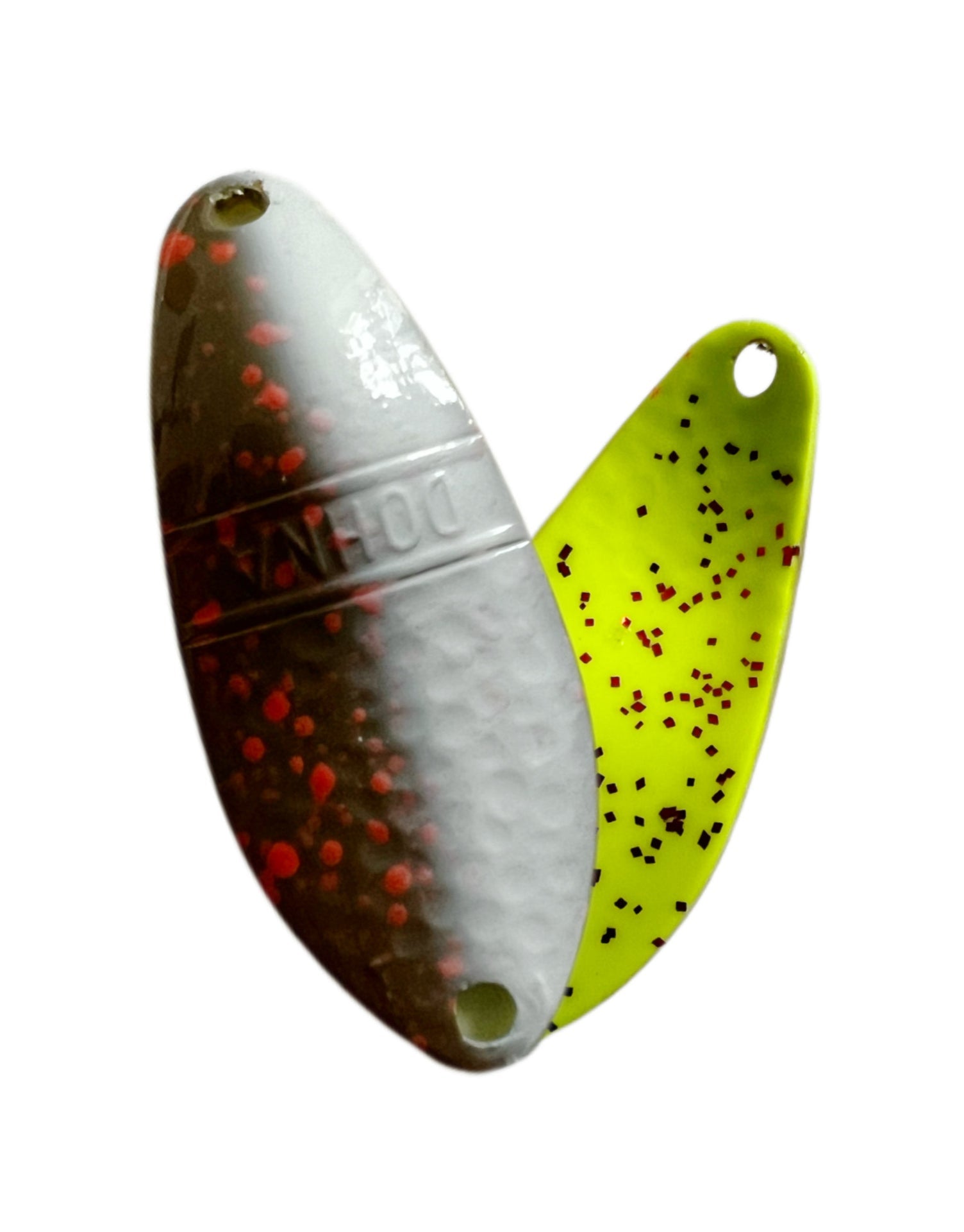 Angler'z System Antem Dohna DDG spoon in vibrant colors, showcasing its unique design and reflective surface.