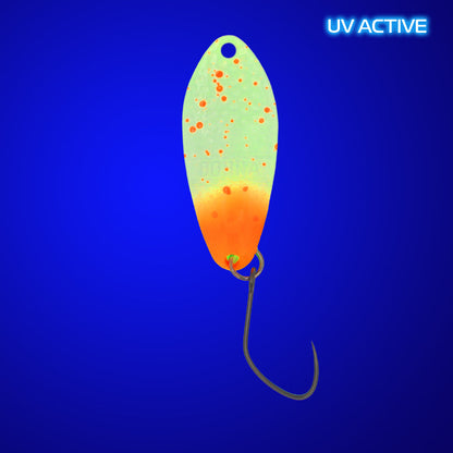 Angler´z System Antem Dohna FA01 Glow Angelwobbler, silberner Spoon mit UV-Reflexen, frontalansicht