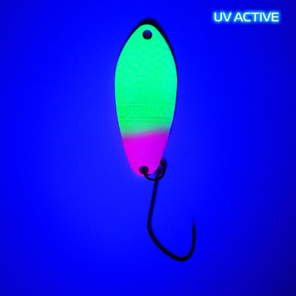 Angler'z System Antem Dohna FA02 spoon in UV finish, showcasing its sleek design and reflective surface.