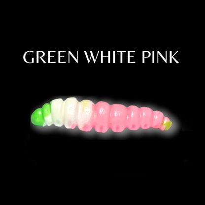SE-BAITS MG Maggy Extreme Floating gummiköder in green, white, and pink colors, showcasing its lifelike design and texture.