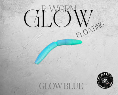 Gelber, schwimmender Gummiköder SE-BAITS R-WORM GLOW EXTREME mit leuchtender Oberfläche, perfekt für das Angeln im Wasser.