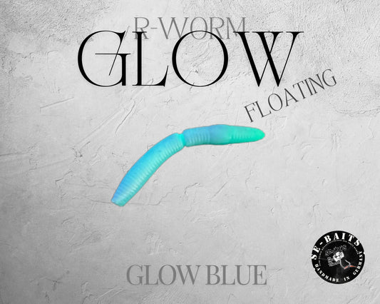 Gelber, schwimmender Gummiköder SE-BAITS R-WORM GLOW EXTREME mit leuchtender Oberfläche, perfekt für das Angeln im Wasser.