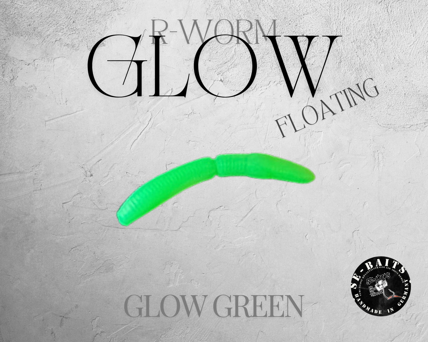 Gelber SE-BAITS R-WORM Glow Extreme Gummiköder schwimmt, mit leuchtender Oberfläche für Angeln im Wasser.