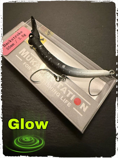 Mukai Backstroke 55 S wobbler in vibrant colors, showcasing its realistic design and streamlined shape for fishing.