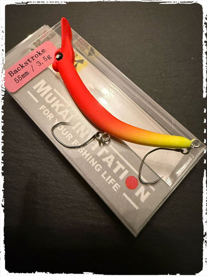 Mukai Backstroke 55 S wobbler in vibrant colors, showcasing its detailed design and realistic fish-like appearance.