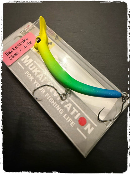 Mukai Backstroke 55 S wobbler in vibrant colors, showcasing its realistic design for effective fishing.