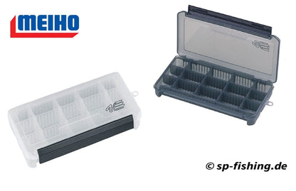 Meiho VS-820 ND Tacklebox mit Köderhalter, geöffnete Angelbox mit mehreren Fächern für Angelzubehör
