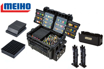Meiho Angelbox VS-7090A Angelbox Schwarz/Ocker Tacklebox mit Köderhalter für Angelausrüstung, kompakt und praktisch