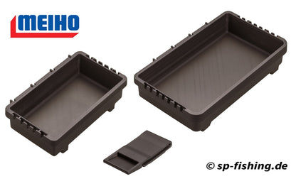 Meiho black tacklebox with multiple compartments for organizing fishing lures and accessories.