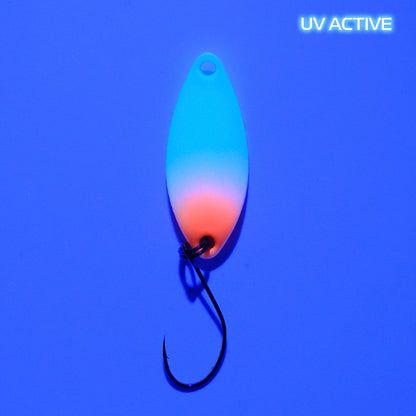 Fangenswert MIC 1.3 g EA04 Glow Angelköder Spoon mit UV-Design, frontale Ansicht, leuchtende Farben, Angelköder für Angeln.