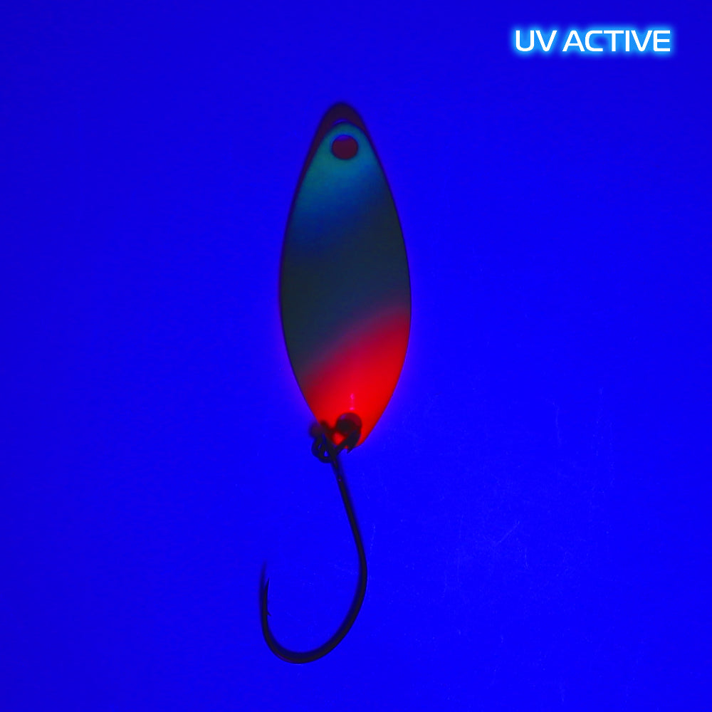 Fangenswert MIC 1.3 g Spoon Angelhaken, frontale Ansicht mit UV-Beschichtung, langlebige Angelköder für Fische, professionelle Angelausrüstung