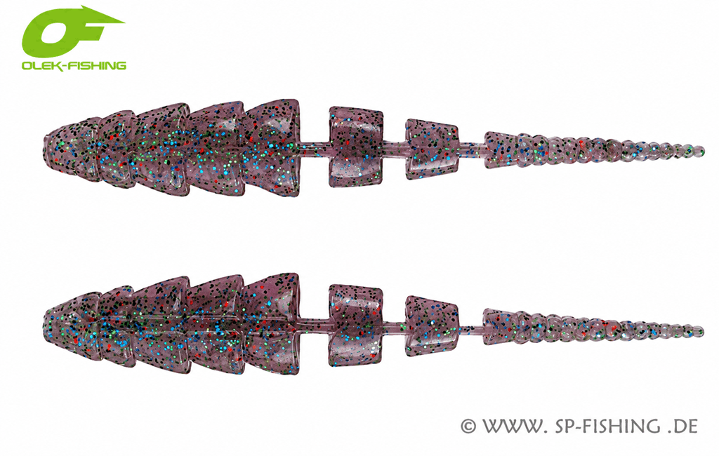 Gelber Gummiköder OLEK-Fishing Kaiman V2 10cm mit Perch-Design für Angeln, detailreiche Textur und realistische Form.