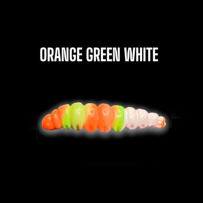 Orange, green, and white SE-BAITS MG Maggy Extreme floating soft bait for fishing, showcasing realistic design and texture.