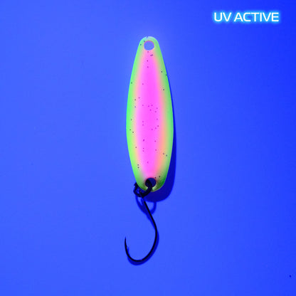 Fangenswert RAFFT 4.6g EA03 Glow spoon featuring a vibrant UV finish and sleek design for effective fishing.